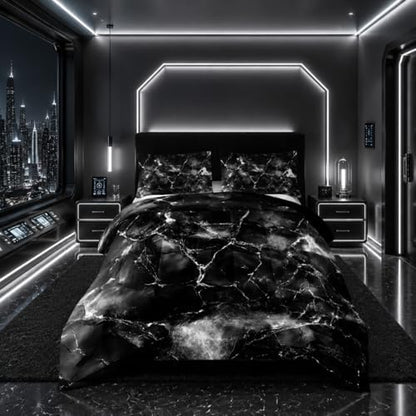 Nttopship Black and White Comforter Set Queen Size，Black and White Marble Bedding Set 3 Pcs Bedding for Adults, Marble Room Decor with Comforter and 2 Pillowcases Soft and Lightweight