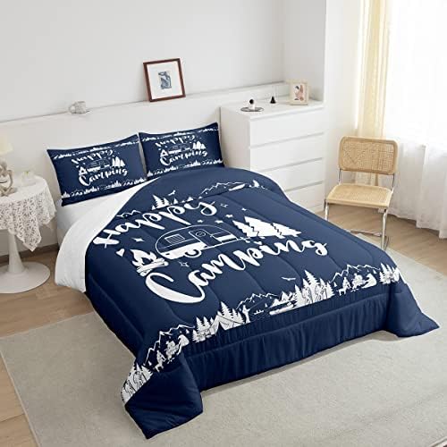 Happy Camping Comforter Set King Size,Camper RV Trailer Decor Rustic Bedding Set 3pcs for Kids Boys Girls Adults,Mountain Travel Adventure Down Comforter,Navy Blue Retro Duvet Insert,2 Pillowcases