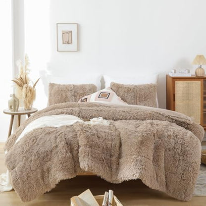 Smoofy Fluffy Twin Comforter Set, Khaki Faux Fur Comforter Set 2 Pieces