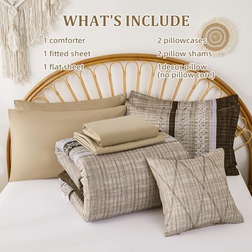 Dintszyayue Brown Comforter Set Full Size, 8 Pieces Boho Striped Bed in a Bag Soft Microfiber Bedding Set for All Season