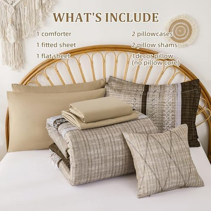 Dintszyayue Brown Comforter Set King Size, 8 Pieces Boho Striped Bed in a Bag Soft Microfiber Bedding Set for All Season