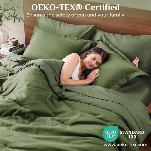JOLLYVOGUE Full Comforter Set 7 Pieces Dark Green, Cationic Dyeing Bed in a Bag Full, Double-Tone Bedding Set with Down Alternative Comforter, Sheets, Pillowcases & Shams