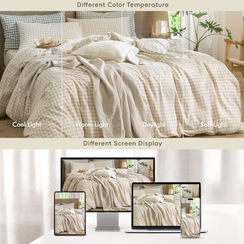 MooMee Gingham Duvet Cover Set 100% Washed Cotton Linen Like