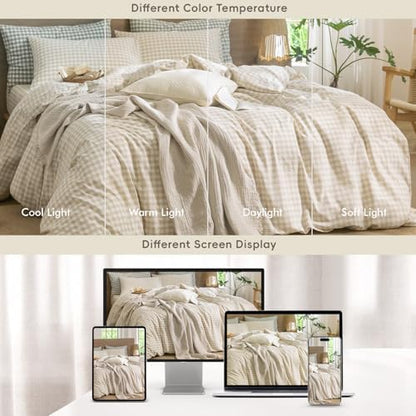 MooMee Gingham Duvet Cover Set 100% Washed Cotton Linen Like