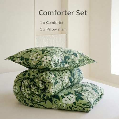 Twin Comforter Set 2 Pieces, 100% Cotton Green Leaf Print Bedding Set for All‑Season, Soft Hypoallergenic Comforter with 1 Pillow Sham
