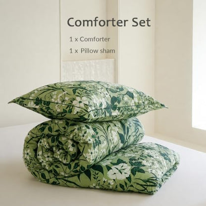 Twin Comforter Set 2 Pieces, 100% Cotton Green Leaf Print Bedding Set for All‑Season, Soft Hypoallergenic Comforter with 1 Pillow Sham