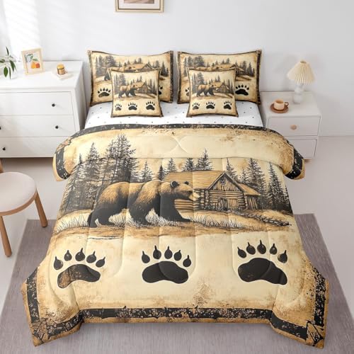 Erosebridal Bear King Bedding Set 7 Piece Hunting Cabin Lodge Comforter Set for Kids Boys Girls Rustic Farmhouse Bed in a Bag Wild Bear Paw Quilt with Flat Fitted Sheet Country Jungle Decor