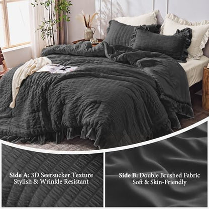 JOLLYVOGUE Oversized King Comforter Set, 3 Pieces Black Seersucker Comforters, Lightweight & Fluffy Bedding Sets for All Season with 1 Ruffle Comforter and 2 Ruffle Pillowshams