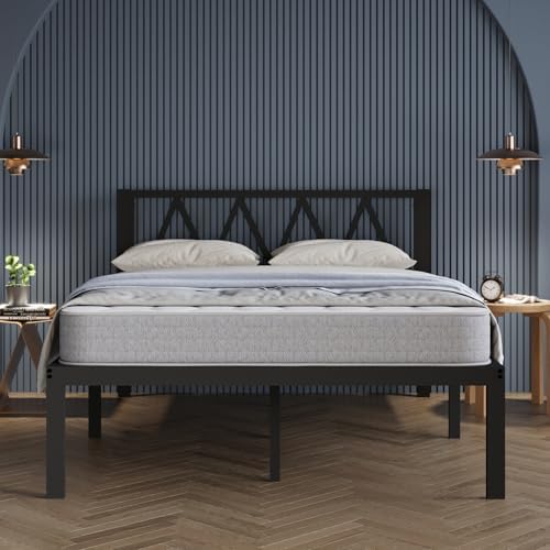 Avenco 14 Inch King Size Bed Frame with Headboard, Metal Platform Bed Frame, King Bed Frame No Box Spring Needed, Easy Assembly, Heavy Duty Slats Support, Black