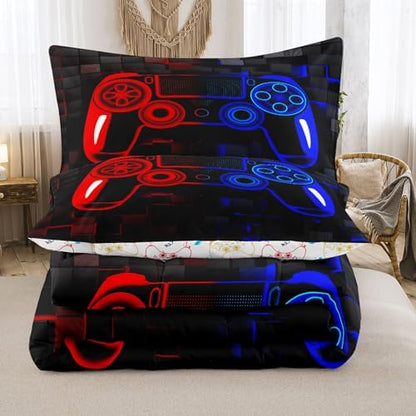 6pcs Gamepad Comforter Set for Boys,Twin Size Bedding Sets for Teen,Kids Comforter Set with 1 Quilt+1 Flat Sheet+1 Fitted Sheet+2 Pillowcases+1 Cushion Cover(Gamepad-E Twin)