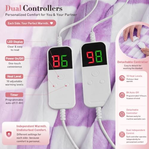 Light Purple Electric Blanket Heated King Size, 90"X100" Dual Control