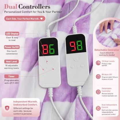 Light Purple Electric Blanket Heated Queen Size, 84"X90" Dual Control