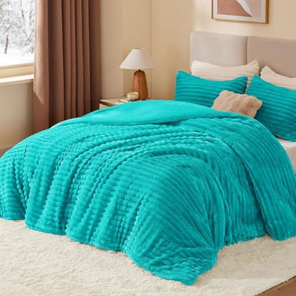 BEDELITE Fleece Queen Comforter Set, Fluffy Bed Set, Teal
