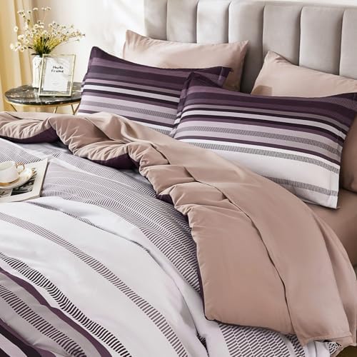 Dobuyly Purple Comforter Set Queen Size 7 Piece, Boho Striped Bed in a Bag Queen Soft Microfiber Bedding Sets with Comforter, Sheets, Pillowcases & Shams All Season