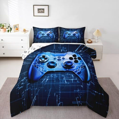 Teens Gamer Comforter Set Queen Size,Gaming Bedding Set for Kids Boys Girls Bedroom Decoration,Honeycomb Gamepad Bed Duvet Insert,Video Game Controller Comforter with 2 Pillowcases,Blue Black