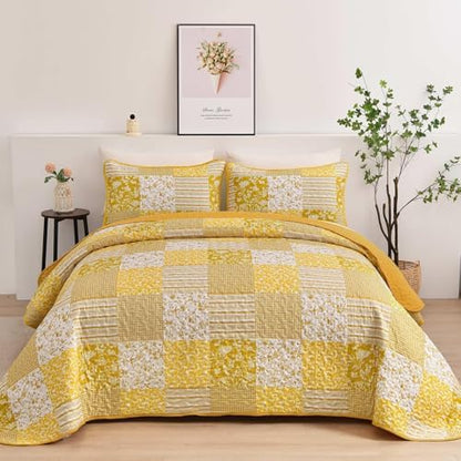 Mybedsoul Yellow Boho Quilt Twin Size, Floral Bedspread Dorm Bedding