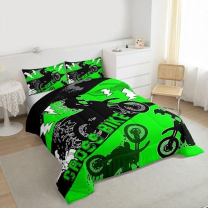Erosebridal Full Size Dirt Bike Bedding Set Kids Motocross Comforter Set Dirtbike Room Decor for Boys Men Girls Adult,Rider Motorcycle Bed Set Cool Extreme Sports Comforter Sets 3Pcs,Green Black