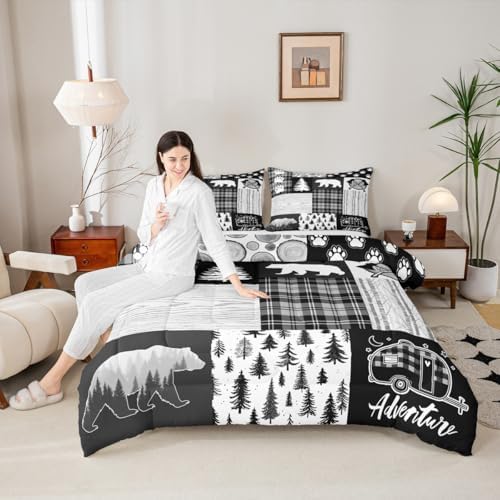 Bear Plaids Comforter Set Full Size,Pine Trees Animals Hunting Bedding Set for Kids Boys Girls Adults Room Decor,Adventure Rustic Farmhouse Down Comforter,Black Retro Duvet Insert,2 Pillowcases