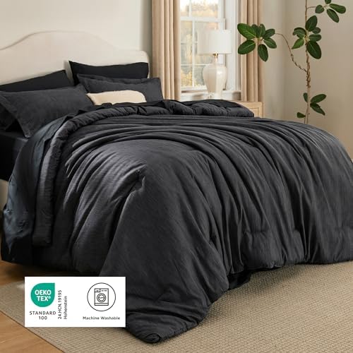 Bedsure Full Comforter Set Black - Bed in a Bag Full Size 7 Pieces, Cationic Dyed Bed Set Gift for Family, Soft Bedding for All Seasons Comforter with Sheets, Pillowcases & Shams