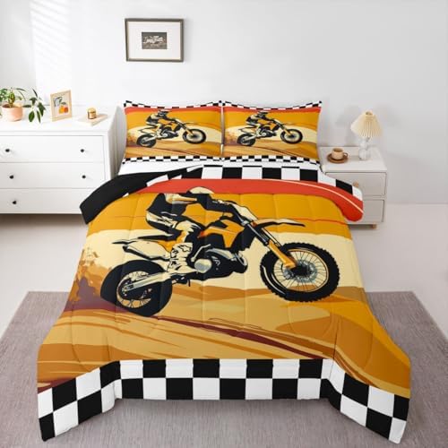 Feelyou Orange Motocross Rider Comforter Set Desert Dirt Bike Bedding Set with 2 Pillow Cases Sunset Track Design King Checkered Flag Room Decor Off-Road Motorcycle Duvet Quilt Soft Lightweight