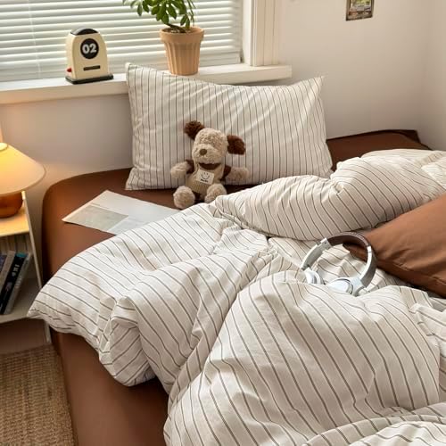 mixinni Vintage Striped Twin XL Duvet Cover Set, 3 Piece Premium Washed Microfiber Minimalist Beige Brown Stripes Bedding, Neutral Comforter Cover with Hidden Zipper & Corner Ties for Men Women