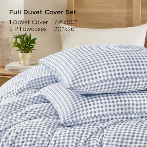 Andency Gingham Duvet Cover Full Size, Misty Blue Checkered Plaid Bedding Set, 3 Pieces Soft Prewashed Microfiber Comforter Cover with Zipper Closure & Corner Ties