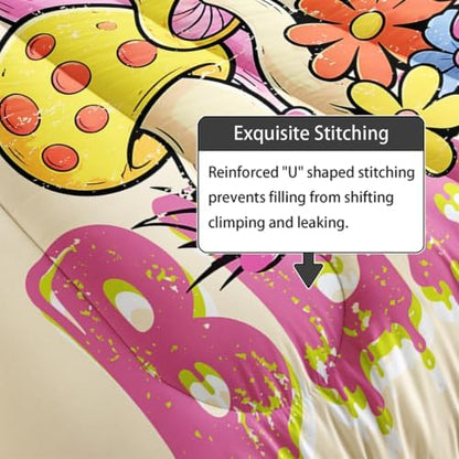 Axolotl Cartoon Mushroom Comforter Set King,Colorful Mushrooms Girls Bedding Set,3 Piece Cute Mushroom Bedding,Red Pink Floral Flower Comforter for Kids Boys Girls Teens,1 Quilt 2 Pillowcases