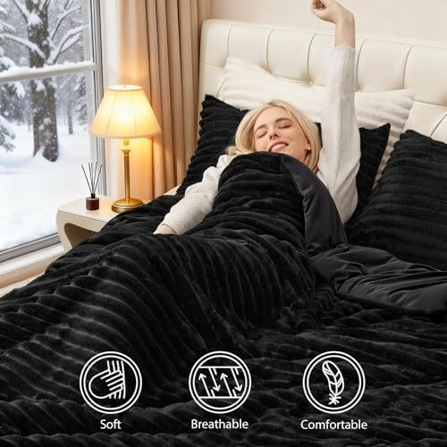 EXQ Home Fluffy Comforter Set Queen Size,3 Pieces Bed Set,Black