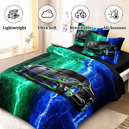 5 Pcs Twin Car Bedding Sets for Boys Teen, Blue Green Lightnings Car Twin Comforter Set for Boys, Twin Boy Bedding Set