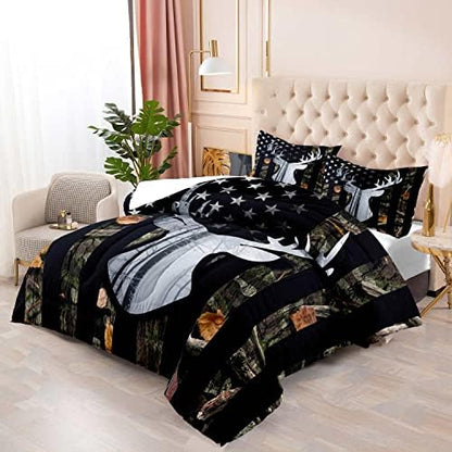LUVIVIHOME 2PCS Deer Hunting Comforter Set Twin Size, Camo Bed Set Patriotic Black American Flag Bedding, Forest Animal Wildlife Country Lodge Rustic Farmhouse Cabin Camouflage Quilt, 1 Pillow Sham