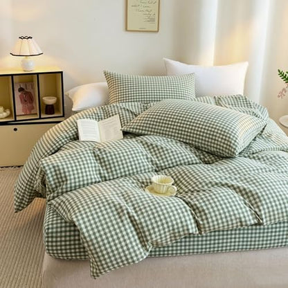 Mucalis Green Gingham Duvet Cover King Plaid Duvet Cover Set 100% Washed Cotton Vintage Checkered 3 Piece Grid Bedding Set with Zipper Closure Corner Ties,Durable,Breathable,Easy Care
