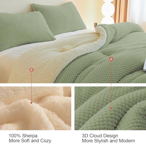 LLanCL 3D Jacquard Design Comforter Set, Ultra-Soft Warm King Size Sherpa Fur Plush 3-Pieces Sets Luxury Cozy Bedding with 2 Pillowcases (104"x90", Sage Green)