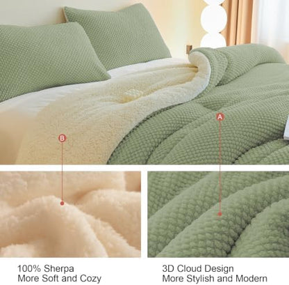 LLanCL 3D Jacquard Design Comforter Set, Ultra-Soft Warm King Size Sherpa Fur Plush 3-Pieces Sets Luxury Cozy Bedding with 2 Pillowcases (104"x90", Sage Green)