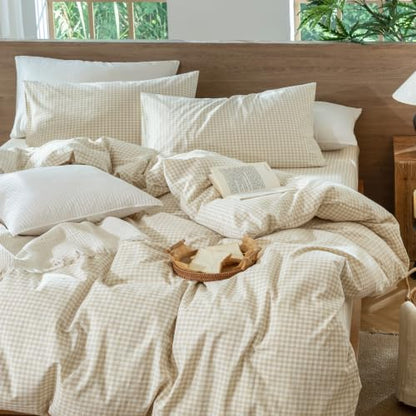 MooMee Gingham Duvet Cover Set 100% Washed Cotton Linen Like