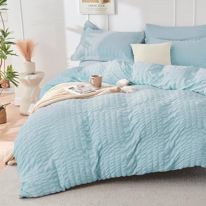 HYMOKEGE Lake Blue King Size Comforter Set Seersucker 7 Pieces, All Season Luxury Bed in a Bag for Bedroom, Bedding Set with Comforters, Sheets, Pillowcases & Shams