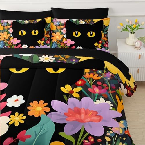 QOOMO Floral Cat 7 Pieces Comforter Set King Size,Floral Cat Bedding Set