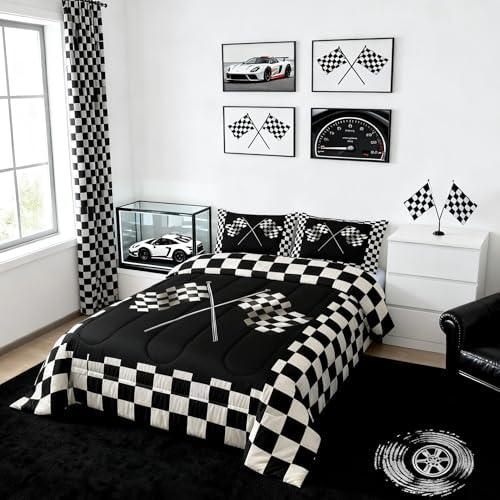 Castle Fairy Checkered Flag King Size Comforter Set Kids Geometric Grid Decor All Season Bedding Set for Girls Teens Black and White Comforter Racing Theme Decor Quilt Set Bedroom Collection 3Pcs