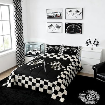 Castle Fairy Checkered Flag Comforter Set Black and White Bedding Set for Kids Girls Women Adults Racing Theme Comforter Geometric Grid Quilted Duvet Set Bedroom Collection Twin Size 2Pcs