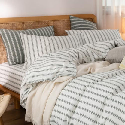 BESTOUCH Striped Cotton Duvet Cover Set Linen Feel Super King