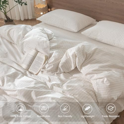 MooMee Striped Duvet Cover Set 100% Washed Cotton Linen Like Cal King