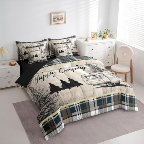 Erosebridal 7 Piece Happy Camping King Bedding Set,RV Bunk Camper Comforter Set with Sheets for Kids Adults,Travel Trailer Decor Vintage Rustic Cabin Farmhouse Quilt Bed Set with Fitted+Flat Sheet