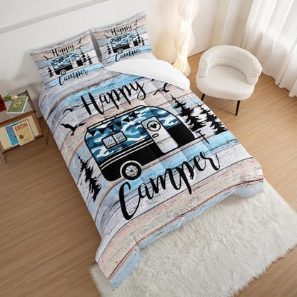 HOSIMA Teens Happy Camping Decor Full Comforter Set with 2 Pillowcases.