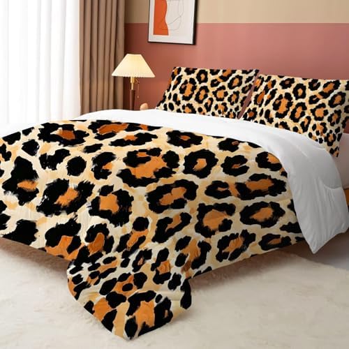 Leopard Print Comforter Set Full, Brown Cheetah Print Bedding for Kids Boys Girls Bedroom, Wild Animal Theme Pattern Qulit Sets, 1 Comforter, 2 Pillowcases