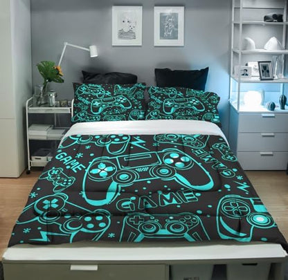 Sunnycitron Black Green Gamepad Gamer Comforter Set for Boys Gaming Bedding Set Teens Game Room Decor Twin (1 Comforter + 2 Pillowcase)