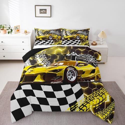 Toddler Race Car Bed,Yellow Neon Lights Honeycomb Bedding Set Cool Sports Car Glitter Beehive Geometric Hexagon Twin Comforter Set for Boys,Black White Grid Lattice Quilt Buffalo Plaid Decor