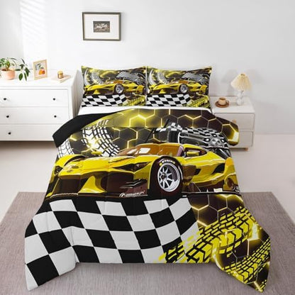 Toddler Race Car Bed,Yellow Neon Lights Honeycomb Bedding Set Cool Sports Car Glitter Beehive Geometric Hexagon Twin Comforter Set for Boys,Black White Grid Lattice Quilt Buffalo Plaid Decor