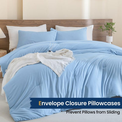 Paxrac Dusty Blue Full Comforter Set, 3 Pieces Lightweight Solid Bedding Set, Soft Fluffy Comforter, All Season Bed Set (80"x90" Comforter & 2 Pillowcases)