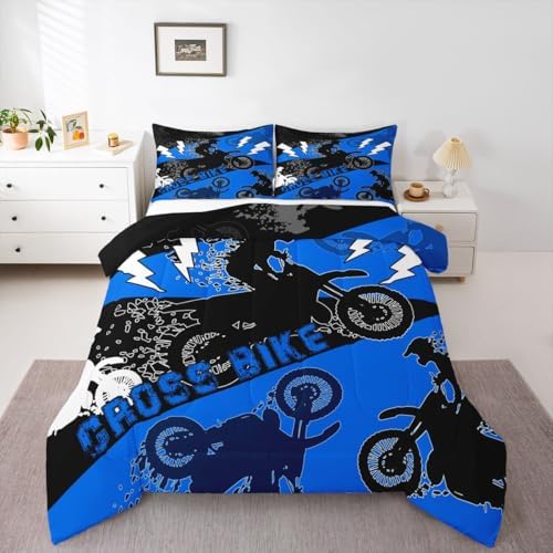 Erosebridal Boys Dirt Bike Comforter Set King Kids Motocross Bedding Set Dirtbike Bedroom Decor for Boys Men Adult,Rider Motorcycle Bed Set Cool Extreme Sports Bedding Sets 3Pcs,Blue Black