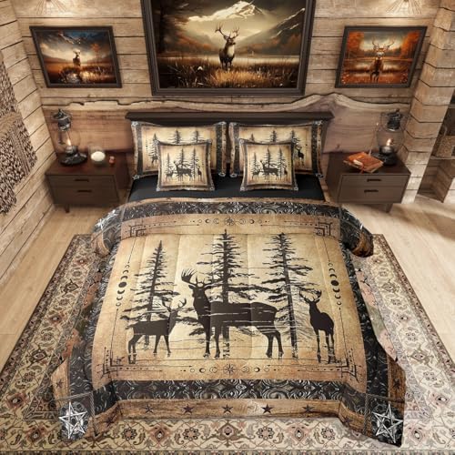 Erosebridal Rustic Deer Comforter Set 7 Piece Farmhouse Cabin Bed in A Bag Twin Western Woodland Wildlife Bedding Comforter Sets for Kids Boys Adults Men Black Retro Country Animal Bed Set