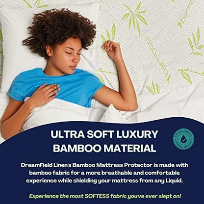 DreamField Linen California King Mattress Cover, Waterproof and Noiseless, Ultra Soft Breathable Bamboo Fabric, Easy Care Instructions